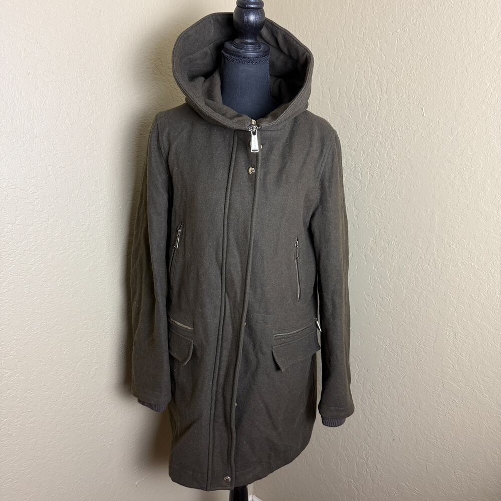 Calvin Klein Women’s M Loden Olive Wool Blend Hooded Utility Coat Quilted